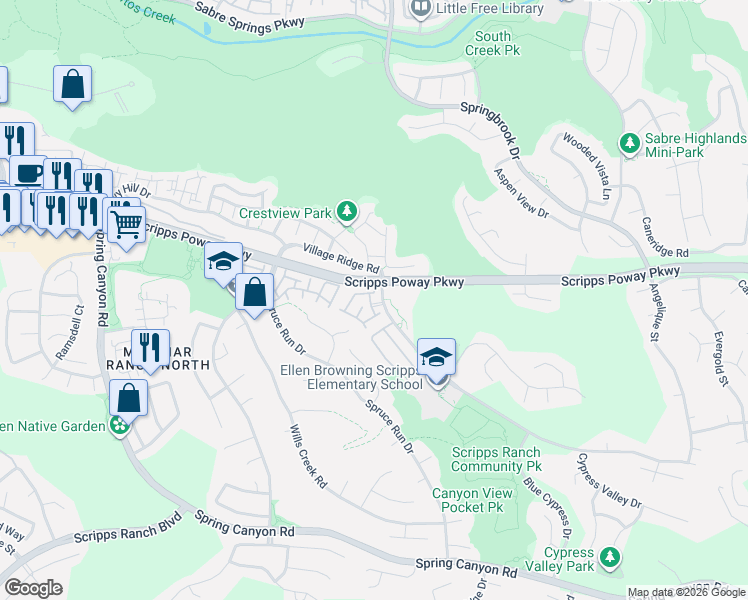 map of restaurants, bars, coffee shops, grocery stores, and more near 11940 Cypress Canyon Road in San Diego