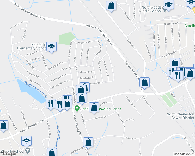map of restaurants, bars, coffee shops, grocery stores, and more near 7622 Chippendale Road in North Charleston