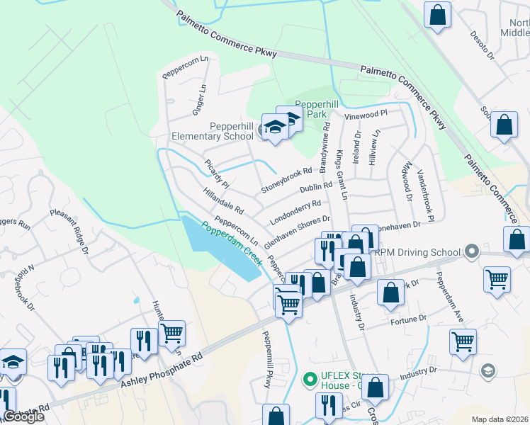 map of restaurants, bars, coffee shops, grocery stores, and more near 3355 Dublin Road in North Charleston