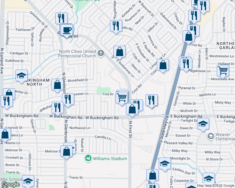 map of restaurants, bars, coffee shops, grocery stores, and more near 301 Tina Drive in Garland