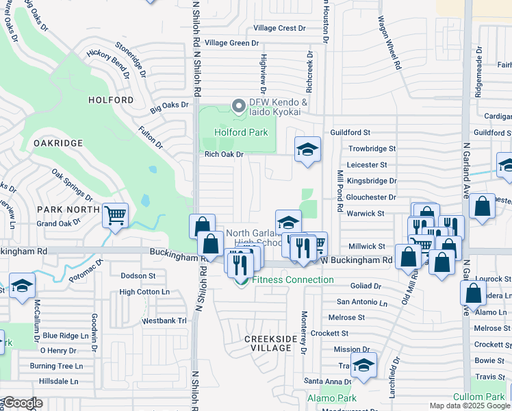map of restaurants, bars, coffee shops, grocery stores, and more near 2124 Windy Drive in Garland
