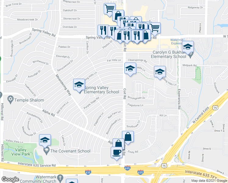 map of restaurants, bars, coffee shops, grocery stores, and more near 13651 Purple Sage Road in Dallas