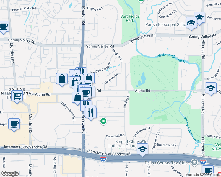 map of restaurants, bars, coffee shops, grocery stores, and more near 13744 Danvers Place in Dallas