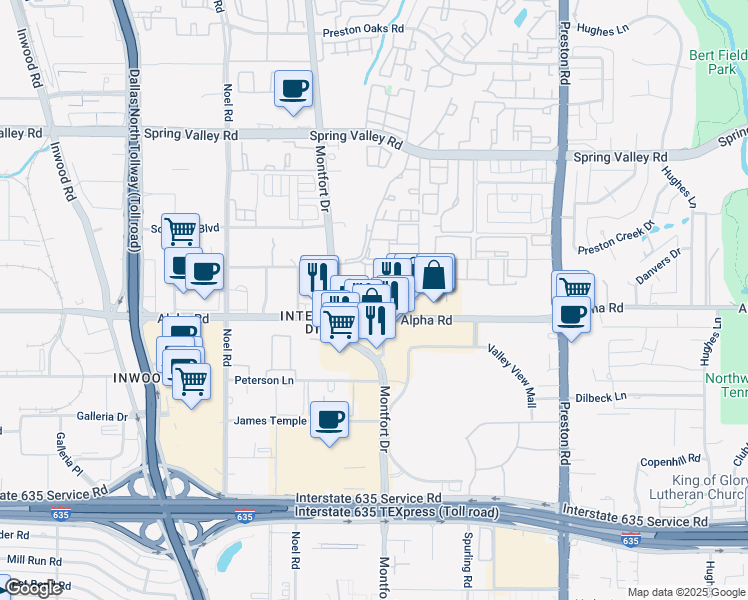 map of restaurants, bars, coffee shops, grocery stores, and more near 13660 Montfort Drive in Dallas