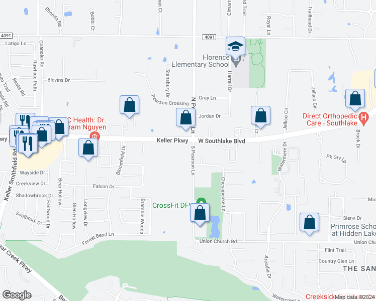 map of restaurants, bars, coffee shops, grocery stores, and more near 3280 West Southlake Boulevard in Southlake