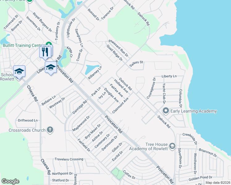 map of restaurants, bars, coffee shops, grocery stores, and more near 8610 Fairfax Avenue in Rowlett