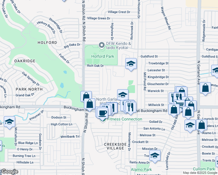 map of restaurants, bars, coffee shops, grocery stores, and more near 2124 Windy Drive in Garland
