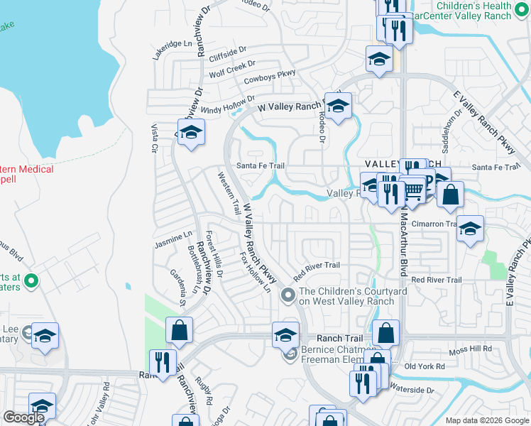 map of restaurants, bars, coffee shops, grocery stores, and more near 9445 Abbey Road in Irving