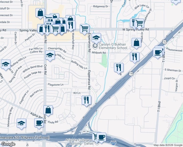 map of restaurants, bars, coffee shops, grocery stores, and more near 13510 Esperanza Road in Dallas