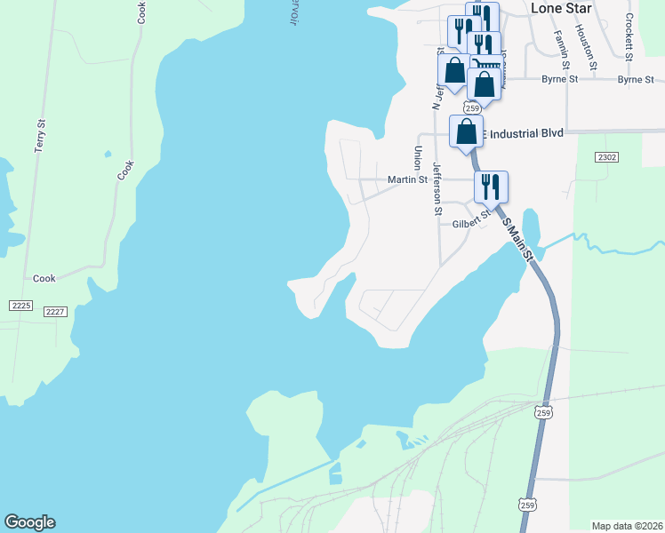 map of restaurants, bars, coffee shops, grocery stores, and more near 208 Southshore Drive in Lone Star