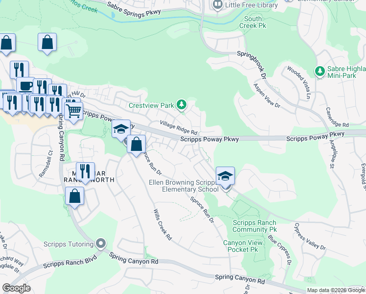 map of restaurants, bars, coffee shops, grocery stores, and more near 11934 Cypress Canyon Road in San Diego