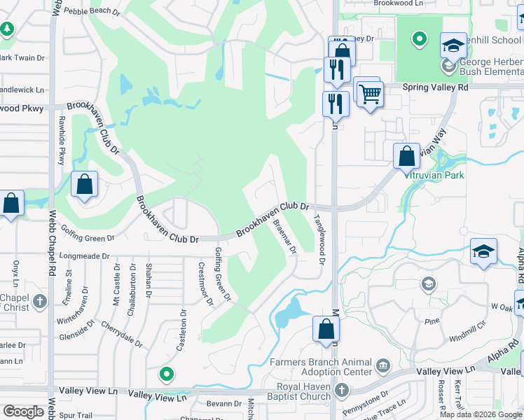 map of restaurants, bars, coffee shops, grocery stores, and more near 3511 Pinehurst Circle in Farmers Branch