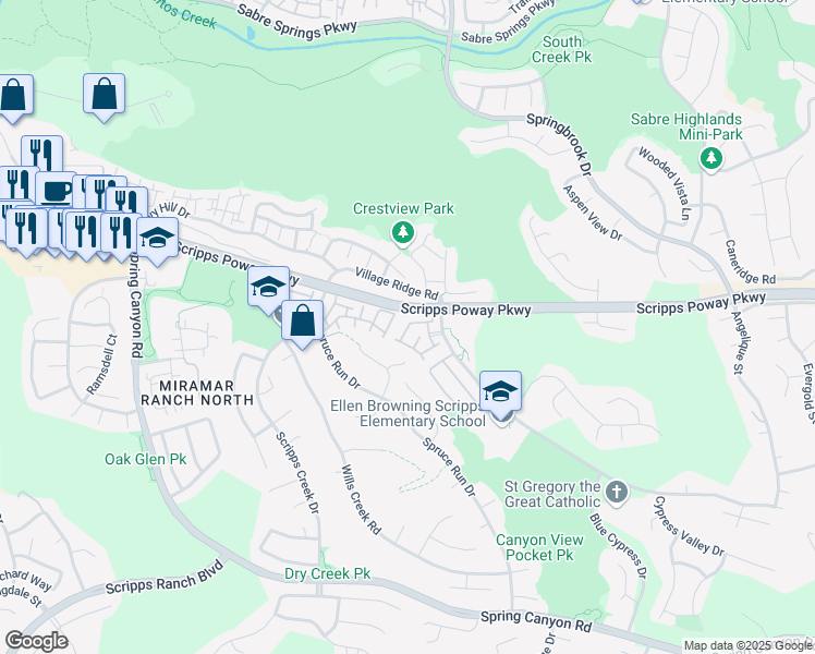 map of restaurants, bars, coffee shops, grocery stores, and more near 11932 Cypress Canyon Road in San Diego