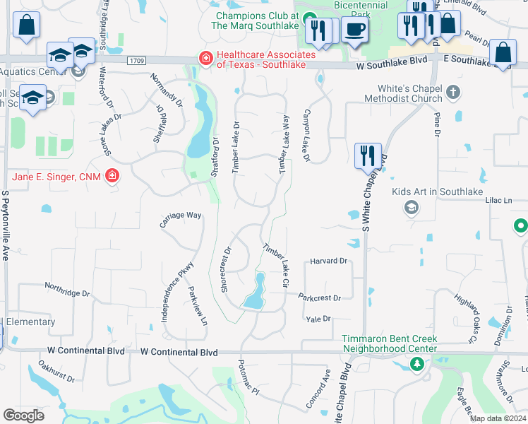 map of restaurants, bars, coffee shops, grocery stores, and more near 518 Timber Lake Drive in Southlake