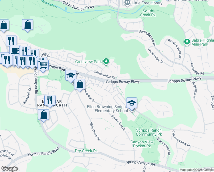 map of restaurants, bars, coffee shops, grocery stores, and more near 11932 Cypress Canyon Road in San Diego