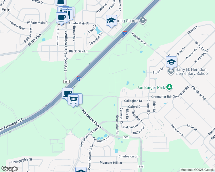 map of restaurants, bars, coffee shops, grocery stores, and more near South FM 551 in Royse City