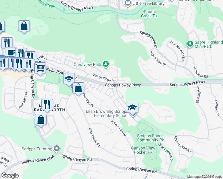 map of restaurants, bars, coffee shops, grocery stores, and more near 11400 Scripps Poway Parkway in San Diego