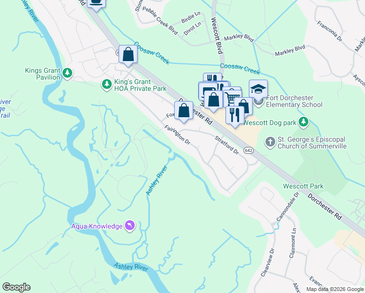 map of restaurants, bars, coffee shops, grocery stores, and more near 502 Fairington Drive in Summerville