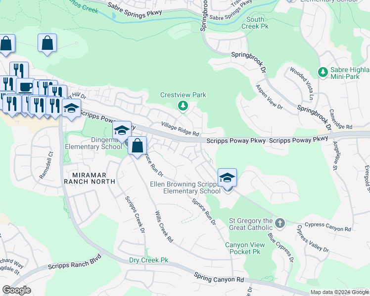 map of restaurants, bars, coffee shops, grocery stores, and more near 11400 Scripps Poway Parkway in San Diego