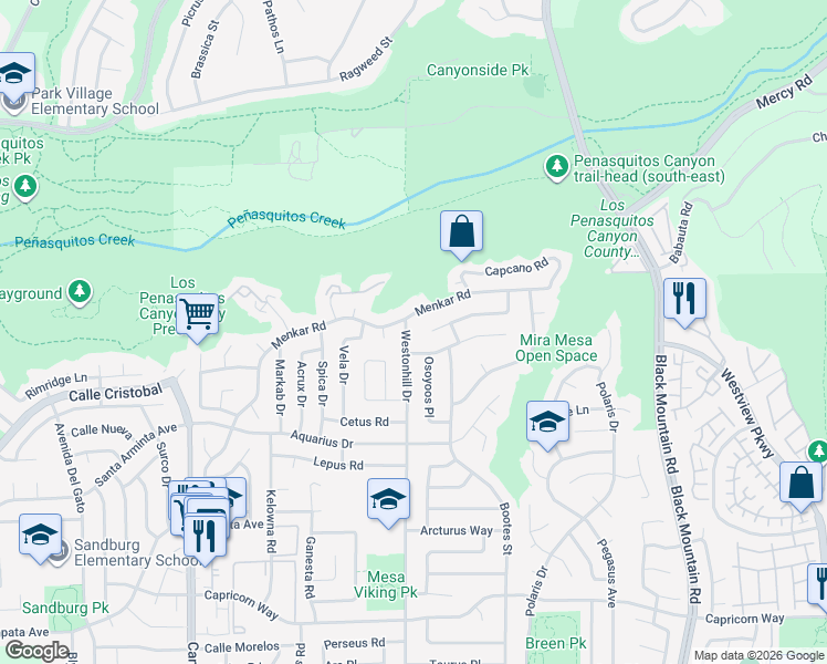 map of restaurants, bars, coffee shops, grocery stores, and more near 11483 Westonhill Drive in San Diego
