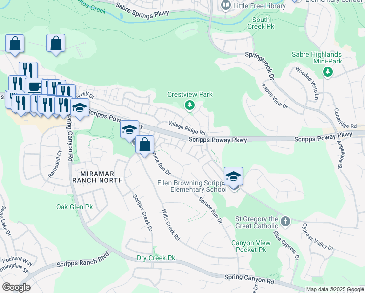 map of restaurants, bars, coffee shops, grocery stores, and more near 11887 Spruce Run Drive in San Diego