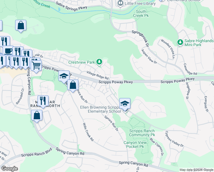 map of restaurants, bars, coffee shops, grocery stores, and more near 11952 Cypress Canyon Road in San Diego