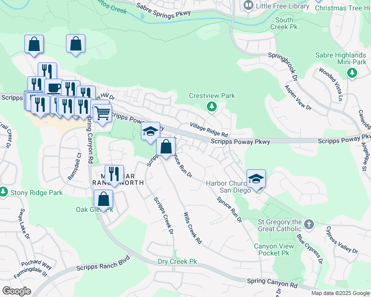 map of restaurants, bars, coffee shops, grocery stores, and more near 11829 Spruce Run Drive in San Diego
