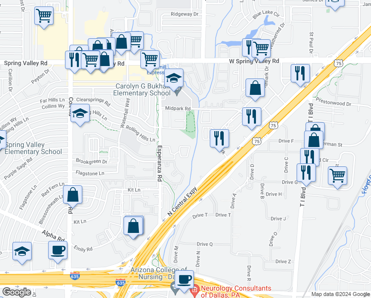 map of restaurants, bars, coffee shops, grocery stores, and more near 13540 Esperanza Road in Dallas