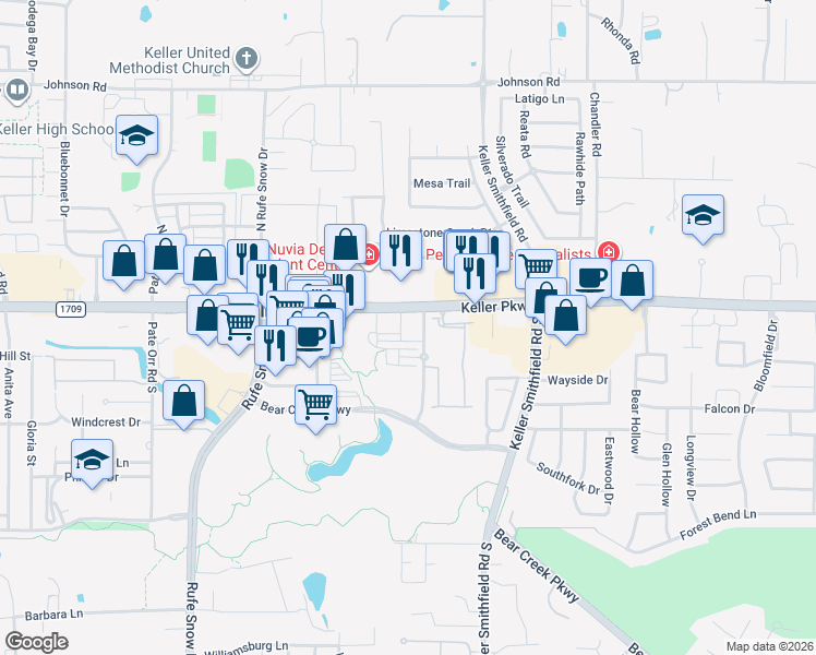 map of restaurants, bars, coffee shops, grocery stores, and more near 1220 Keller Parkway in Keller