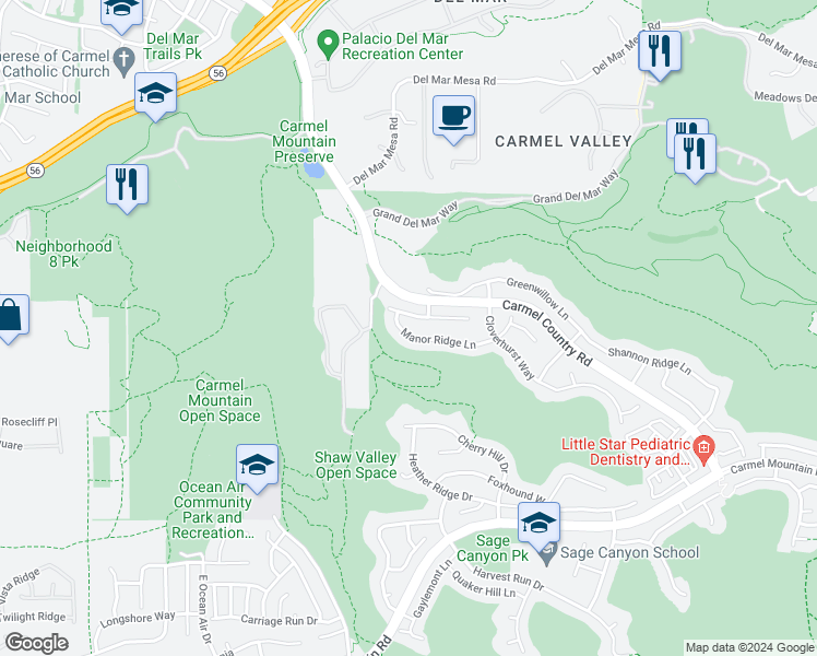 map of restaurants, bars, coffee shops, grocery stores, and more near 4972 Manor Ridge Lane in San Diego
