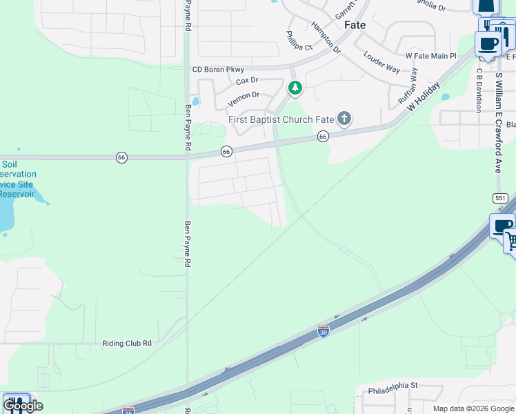 map of restaurants, bars, coffee shops, grocery stores, and more near 779 Highway 66 in Rockwall