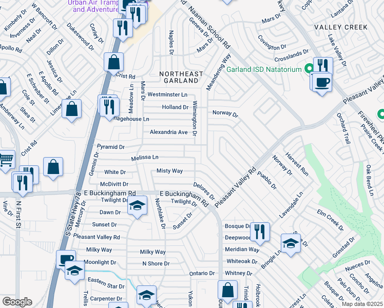 map of restaurants, bars, coffee shops, grocery stores, and more near 1137 Melissa Lane in Garland