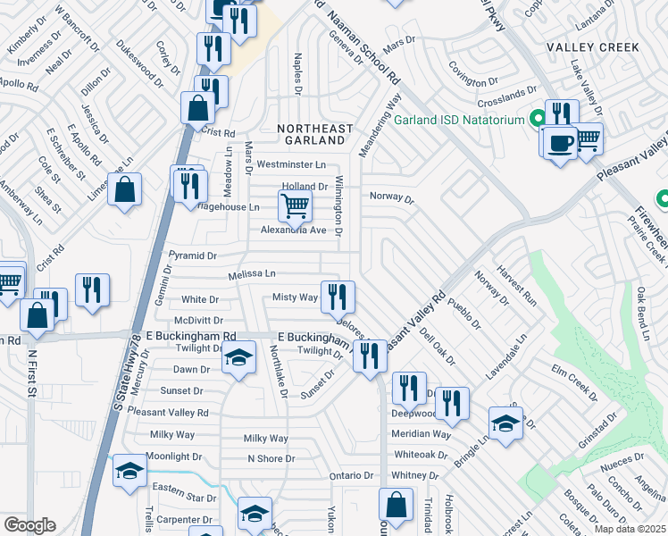 map of restaurants, bars, coffee shops, grocery stores, and more near 1137 Melissa Lane in Garland