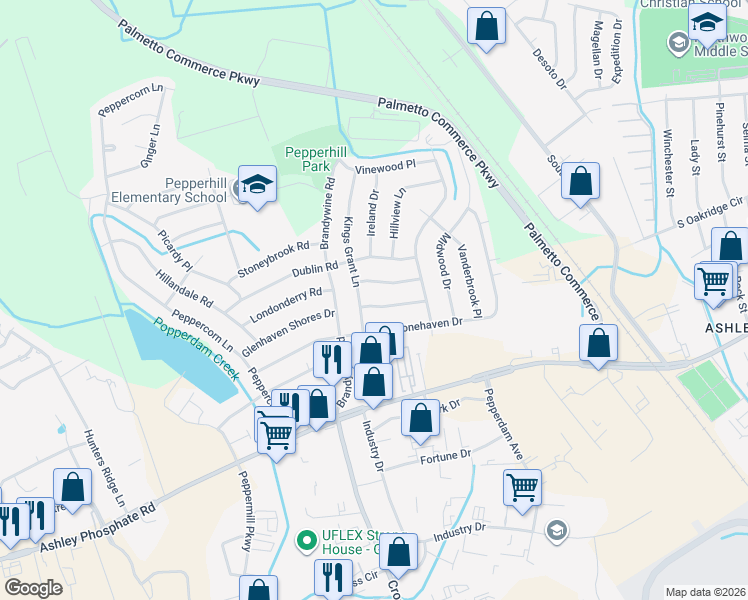 map of restaurants, bars, coffee shops, grocery stores, and more near 7618 Kings Grant Lane in North Charleston