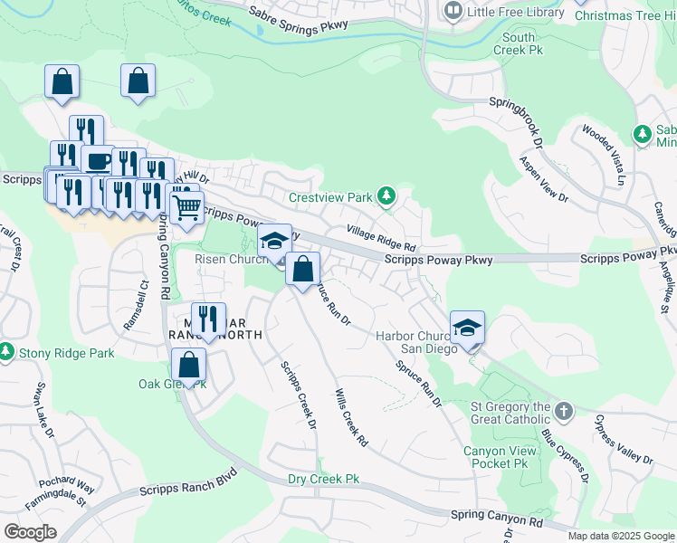 map of restaurants, bars, coffee shops, grocery stores, and more near 11833 Spruce Run Drive in San Diego