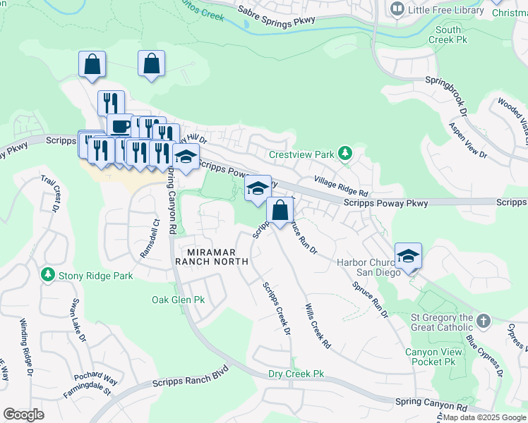 map of restaurants, bars, coffee shops, grocery stores, and more near 11840 Scripps Creek Drive in San Diego