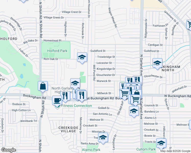 map of restaurants, bars, coffee shops, grocery stores, and more near 1817 Glouchester Drive in Garland