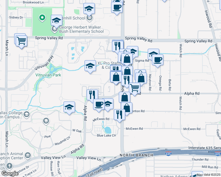 map of restaurants, bars, coffee shops, grocery stores, and more near 13605 Midway Road in Farmers Branch