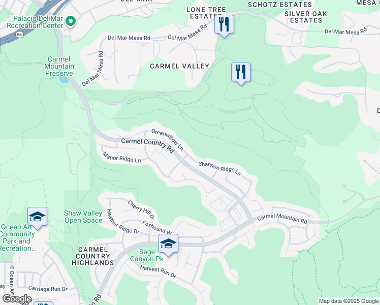 map of restaurants, bars, coffee shops, grocery stores, and more near 5398 Shannon Ridge Lane in San Diego