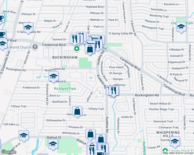 map of restaurants, bars, coffee shops, grocery stores, and more near 540 Buckingham Road in Richardson
