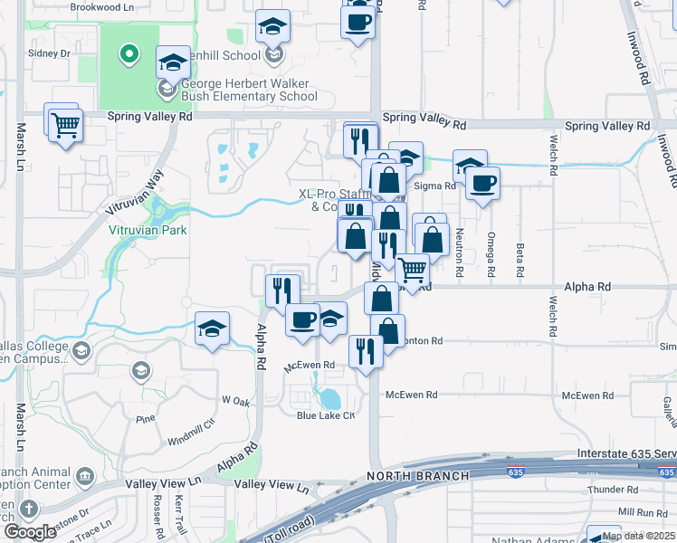 map of restaurants, bars, coffee shops, grocery stores, and more near 13605 Midway Road in Farmers Branch
