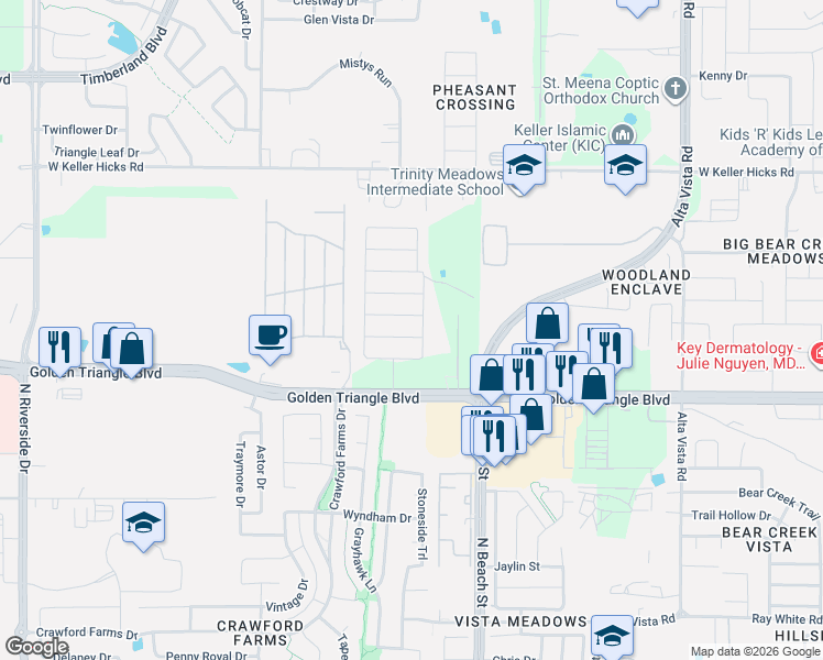 map of restaurants, bars, coffee shops, grocery stores, and more near 11052 East Dawn Drive in Fort Worth