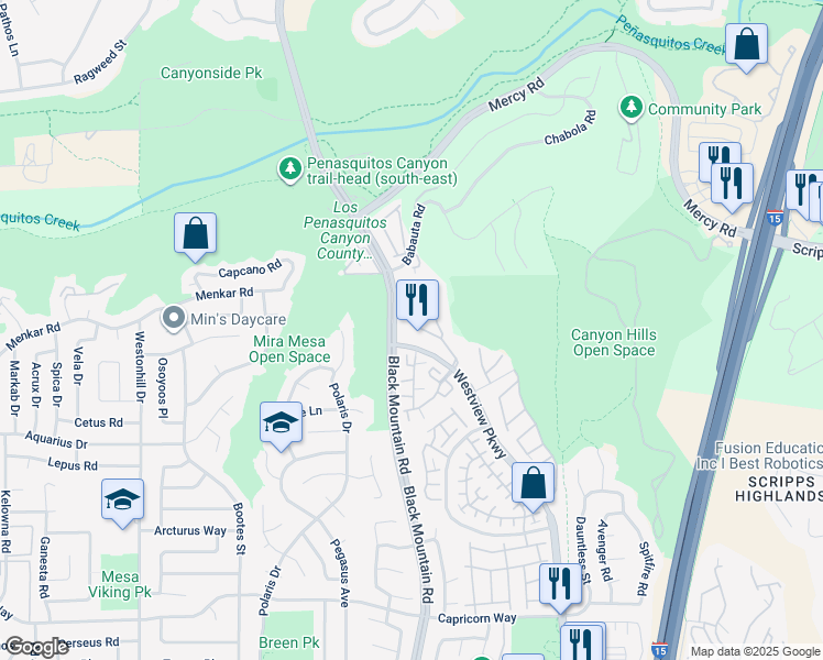 map of restaurants, bars, coffee shops, grocery stores, and more near 11799 Westview Parkway in San Diego
