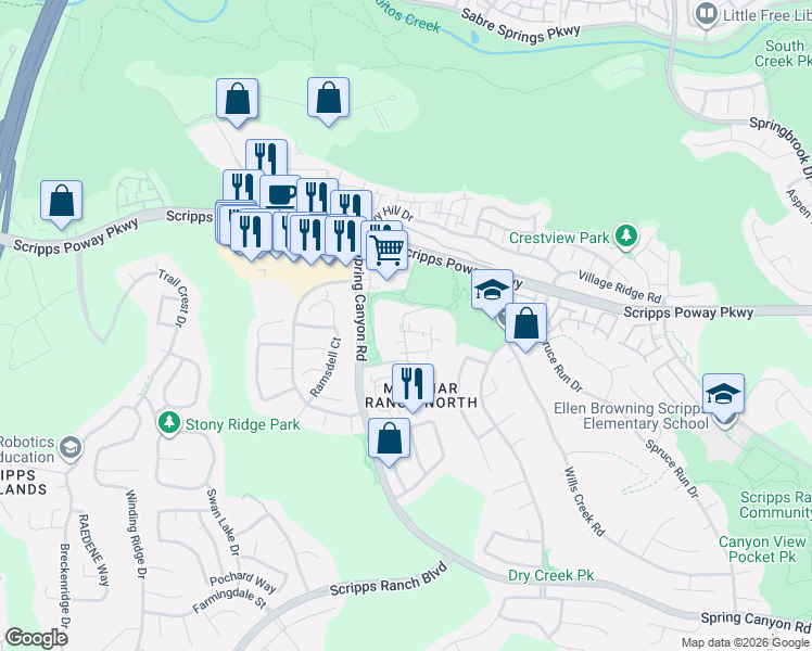 map of restaurants, bars, coffee shops, grocery stores, and more near 10858 Caminito Arcada in San Diego