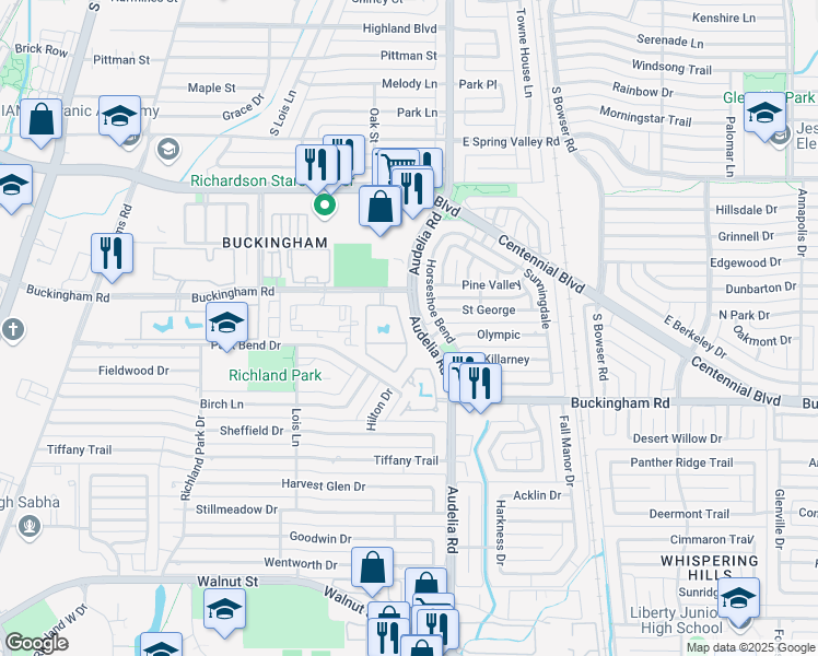 map of restaurants, bars, coffee shops, grocery stores, and more near 540 Buckingham Road in Richardson