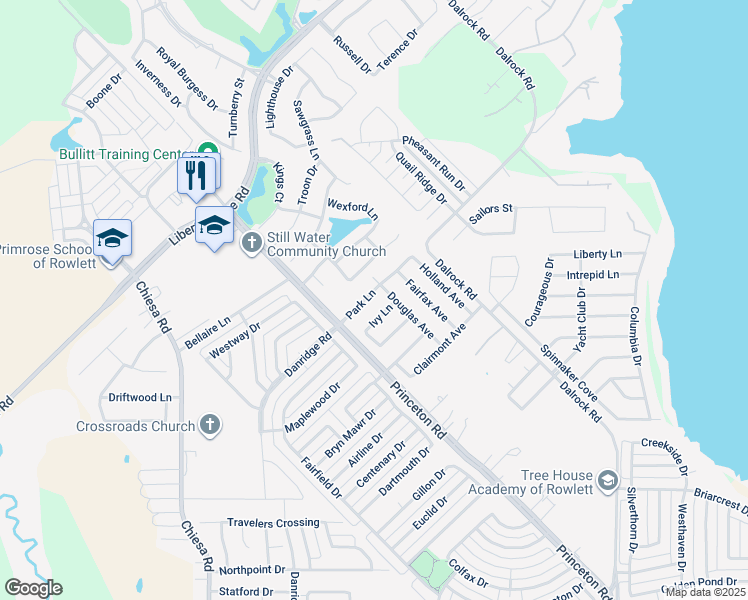 map of restaurants, bars, coffee shops, grocery stores, and more near 7814 Park Lane in Rowlett