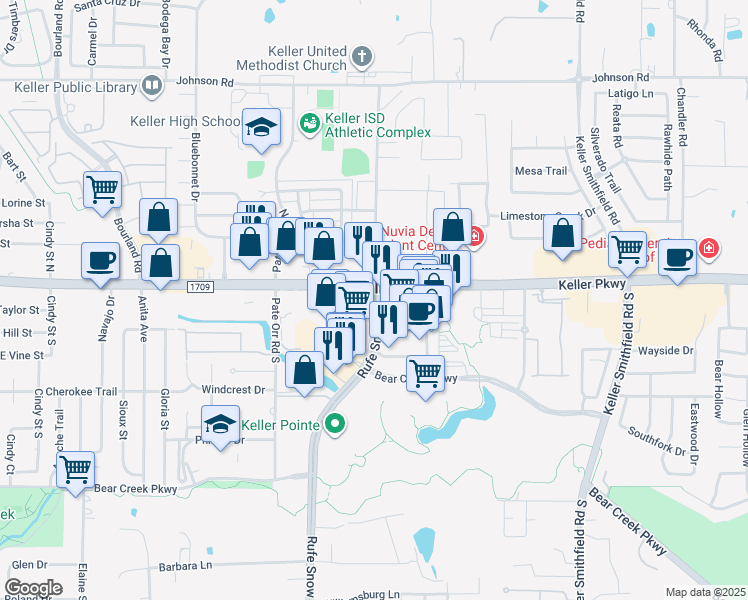 map of restaurants, bars, coffee shops, grocery stores, and more near 233 Rufe Snow Drive in Keller