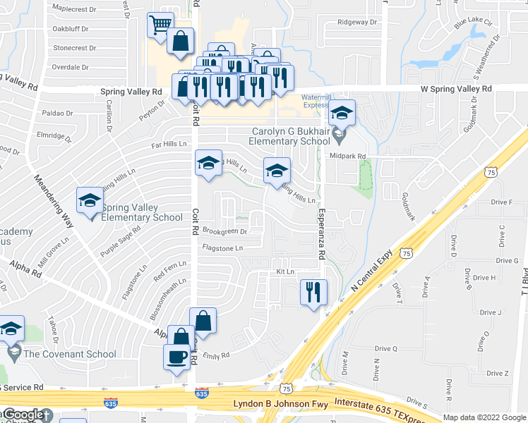 map of restaurants, bars, coffee shops, grocery stores, and more near Waterfall Way & Brookgreen Dr in Dallas
