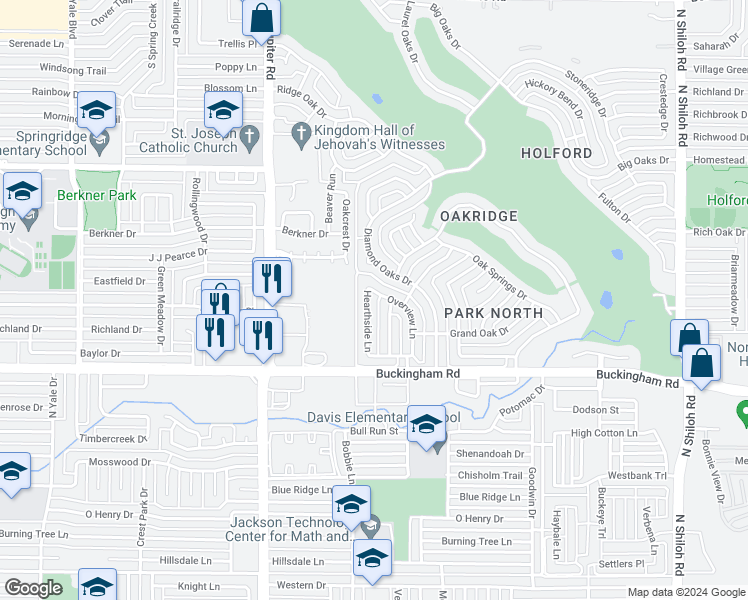 map of restaurants, bars, coffee shops, grocery stores, and more near 2118 Hearthside Lane in Garland
