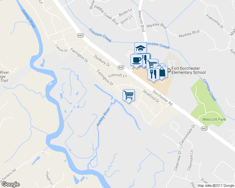 map of restaurants, bars, coffee shops, grocery stores, and more near 502 Fairington Drive in Summerville